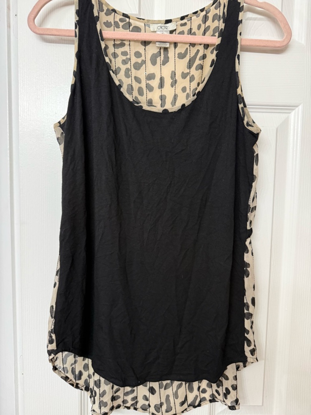 Cache Black Front Scoop Tank with Cream Leopard-Print Back with clear sequin